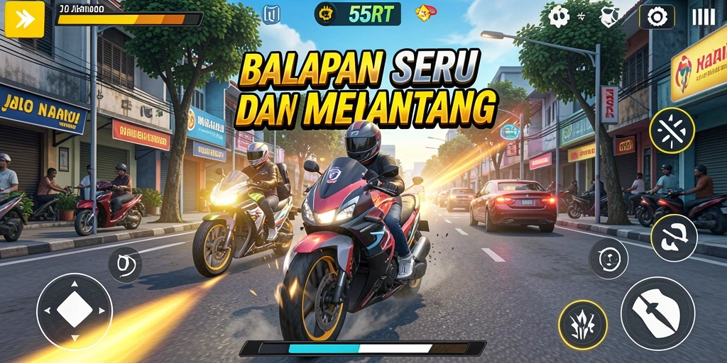 Screenshot utama 55RT menampilkan aksi balapan yang intens dan mendebarkan.