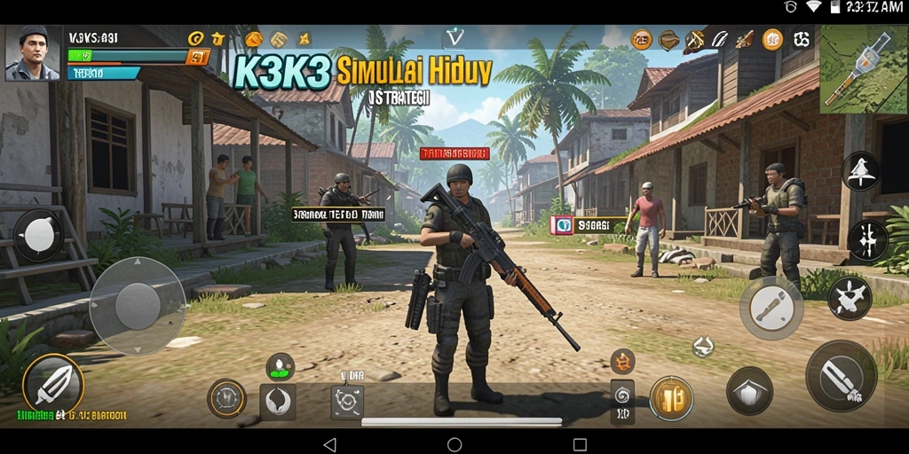Gameplay K3K3 dengan berbagai strategi membangun kota dan pertempuran.