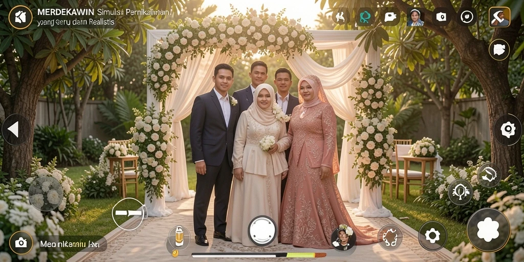 Tampilan gameplay menarik dalam MERDEKAWIN dengan karakter dan dekorasi pernikahan.